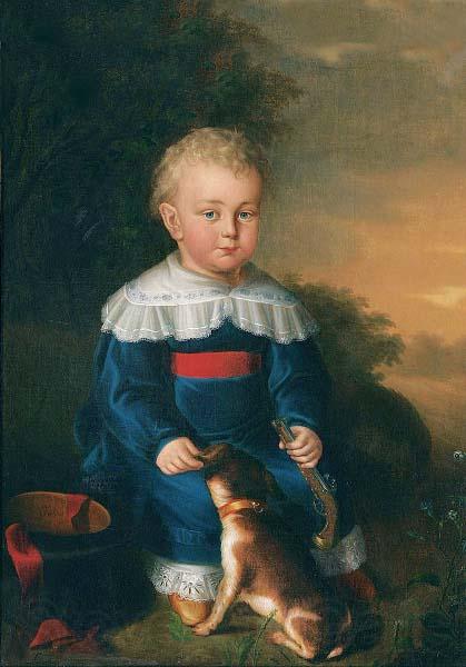 unknow artist Portrait of a young boy with toy gun and dog Spain oil painting art